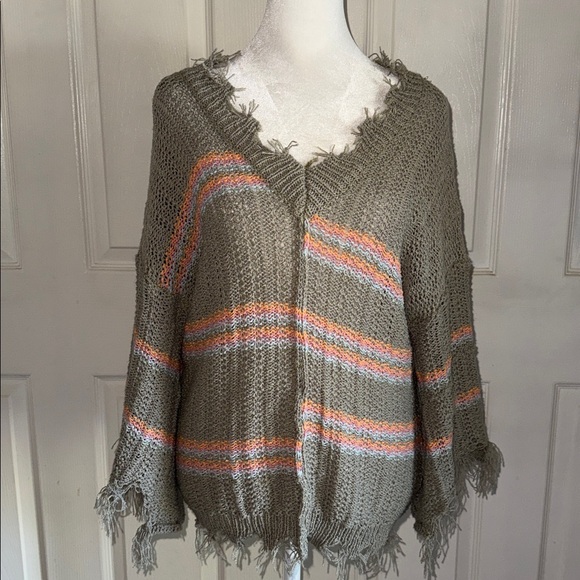Three Bird Nest Rumi Distressed Fringe V Neck Sweater - Picture 2 of 5
